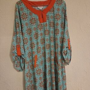 Cabana Life Teal and Orange Long Sleeve Dress